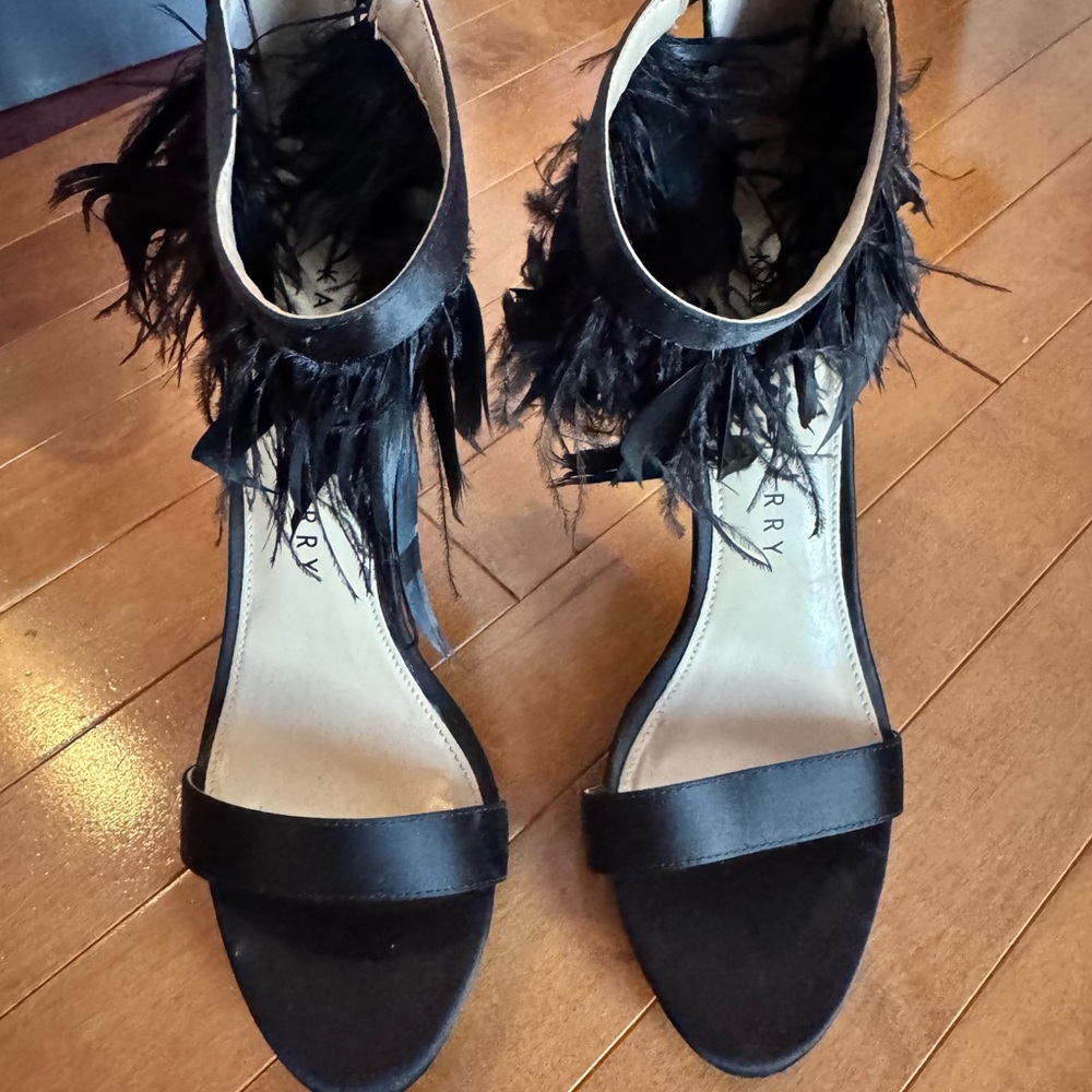 Katy Perry Black Satin Feathered Women's Sandals